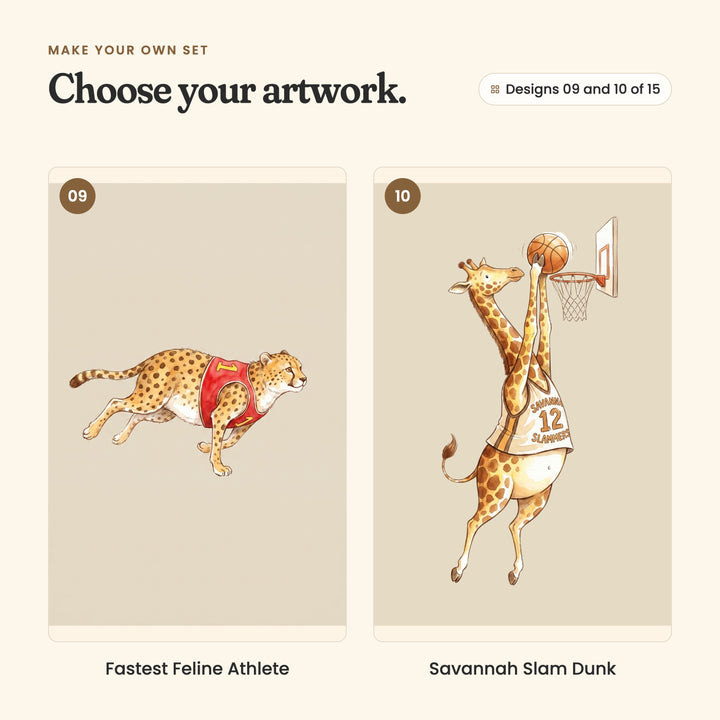 Designs 09 and 10 of 15: Fastest Feline Athlete, a cheetah in a red number 1 vest sprinting, and Savannah Slam Dunk, a giraffe in a number 12 jersey dunking a basketball