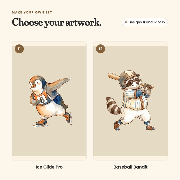 Designs 11 and 12 of 15: Ice Glide Pro, an orange-cheeked penguin speed skating in bib 8, and Baseball Bandit, a raccoon in pinstripes swinging a baseball bat