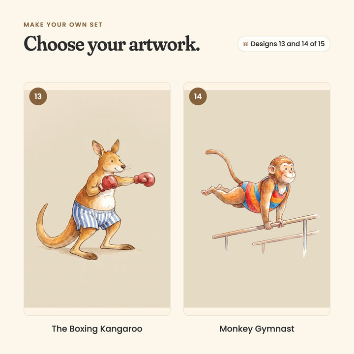 Designs 13 and 14 of 15: The Boxing Kangaroo, a kangaroo in striped shorts and red boxing gloves, and Monkey Gymnast, a monkey in a striped leotard on parallel bars