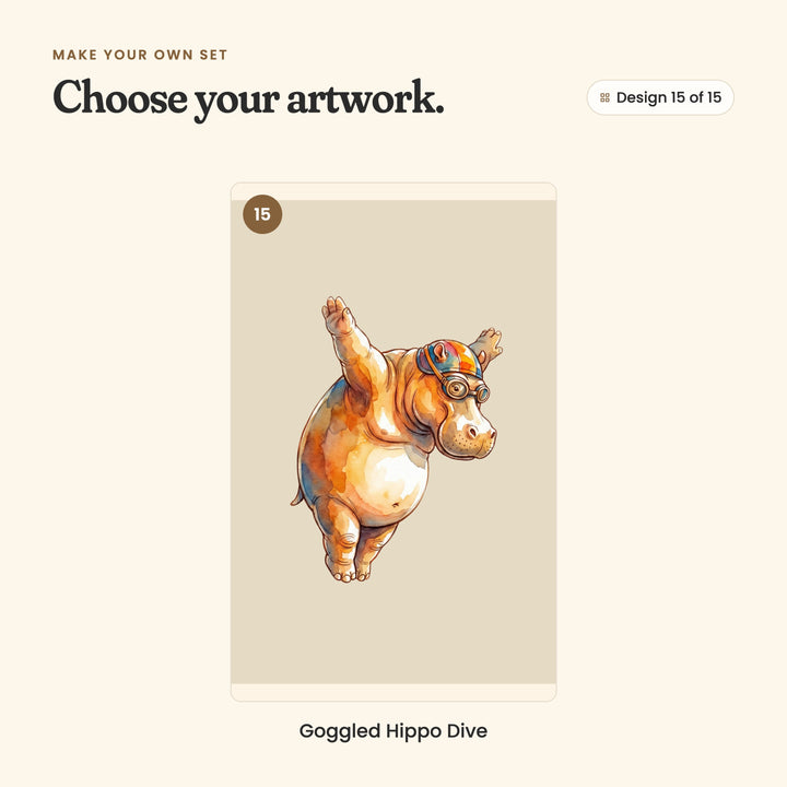 Design 15 of 15: Goggled Hippo Dive, a hippo in a swim cap and goggles diving