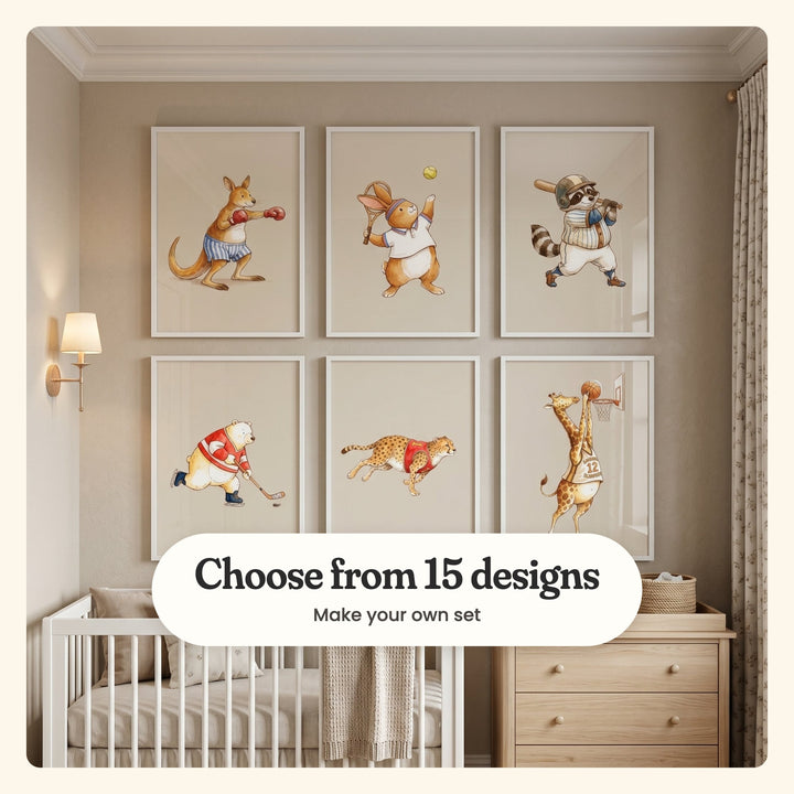 Nursery with six sporty animal prints in white frames in two rows on a beige wall, above a white crib and a wood dresser with a woven basket: a kangaroo boxing, a bunny playing tennis, a raccoon batting, a polar bear playing hockey, a cheetah sprinting and a giraffe dunking, labeled Choose from 15 designs, Make your own set
