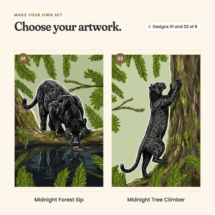 Designs 01 and 02 of 8: Midnight Forest Sip, a panther standing on a mossy branch and leaning down to drink from a dark pool, and Midnight Tree Climber, a panther climbing a mossy tree trunk