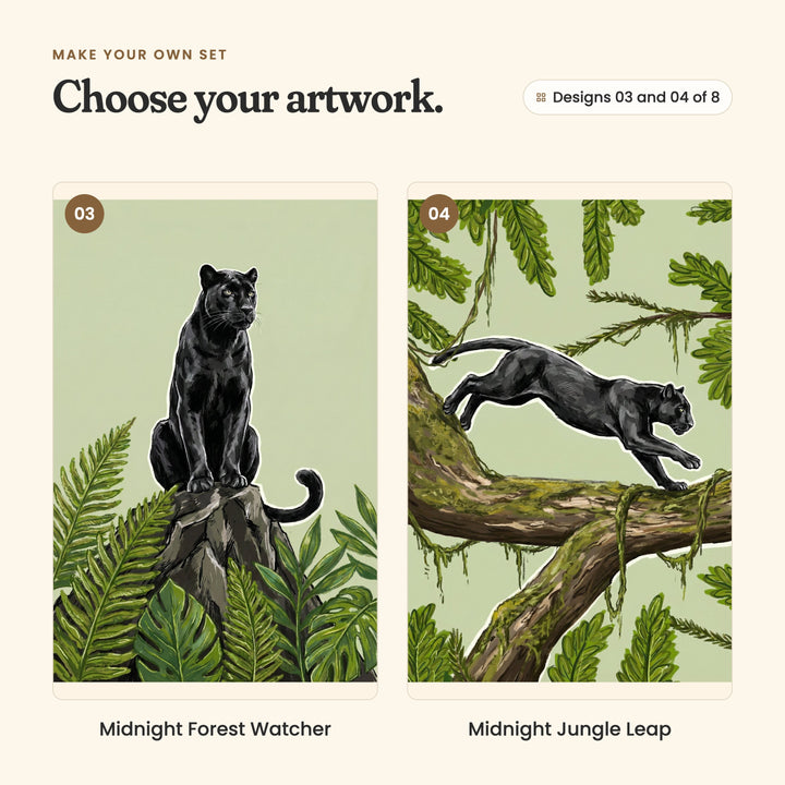 Designs 03 and 04 of 8: Midnight Forest Watcher, a panther sitting tall on a rock among ferns, and Midnight Jungle Leap, a panther leaping along a mossy branch