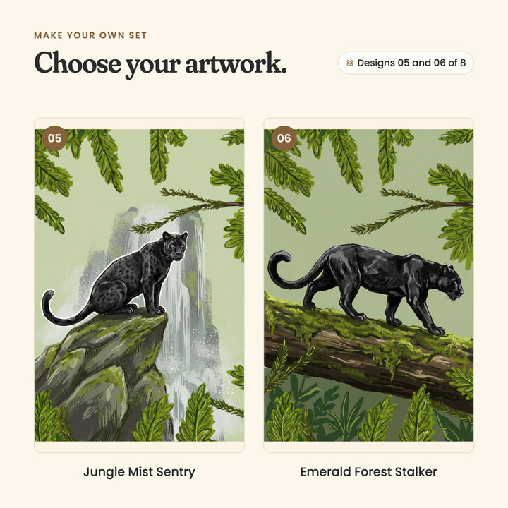 Designs 05 and 06 of 8: Jungle Mist Sentry, a panther sitting on a mossy rock beside a misty waterfall, and Emerald Forest Stalker, a panther walking along a mossy log