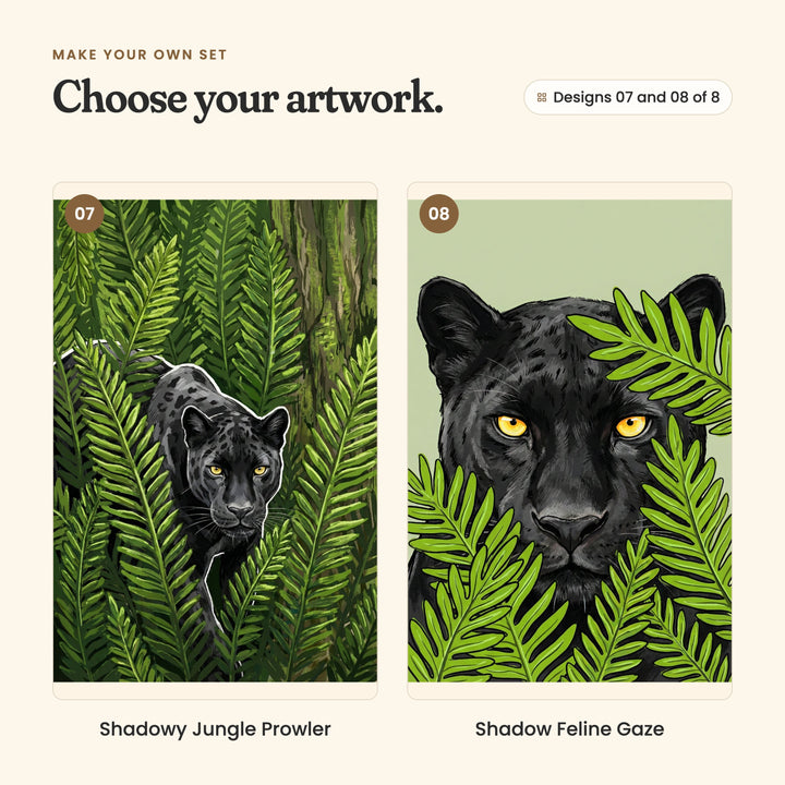 Designs 07 and 08 of 8: Shadowy Jungle Prowler, a panther with yellow eyes stepping out through tall ferns, and Shadow Feline Gaze, a close-up of a panther with yellow eyes peeking through ferns