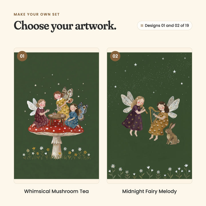 Designs 01 and 02 of 19: Whimsical Mushroom Tea, three fairies having tea at a little table on a red spotted mushroom, and Midnight Fairy Melody, two fairies playing a flute and a harp beside a brown bunny under the stars