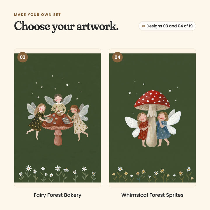 Designs 03 and 04 of 19: Fairy Forest Bakery, three fairies baking cupcakes at a mushroom table, and Whimsical Forest Sprites, two fairies giggling behind a red spotted mushroom