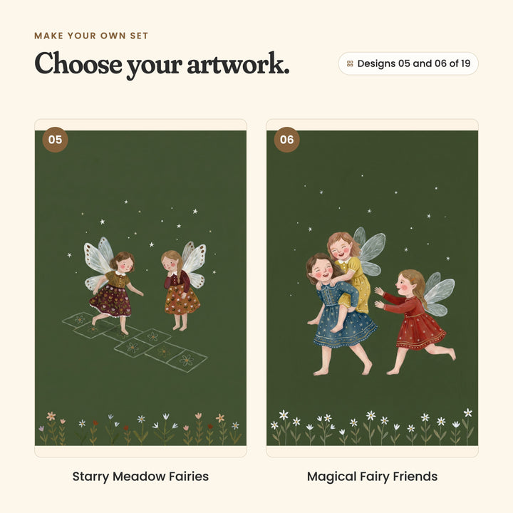Designs 05 and 06 of 19: Starry Meadow Fairies, two fairies playing hopscotch under the stars, and Magical Fairy Friends, a fairy giving a friend a piggyback while a third runs after them