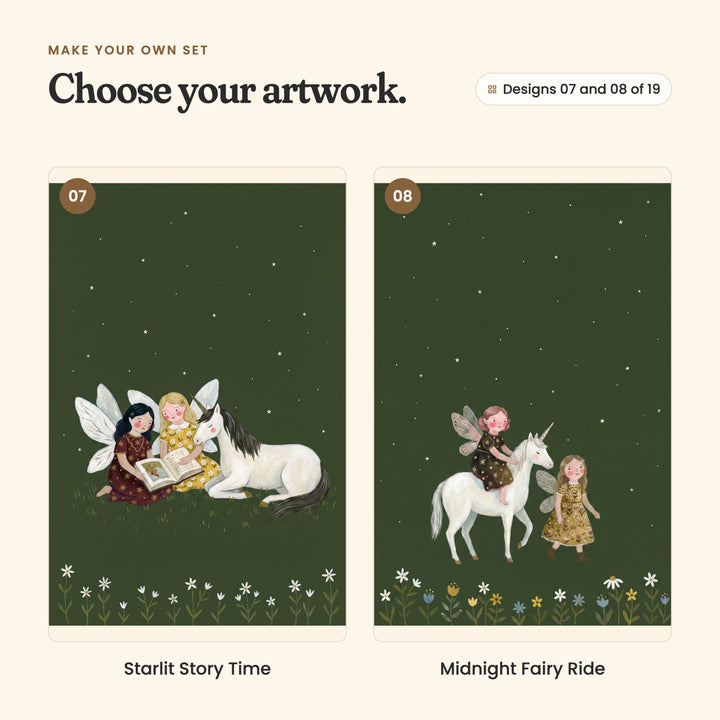 Designs 07 and 08 of 19: Starlit Story Time, two fairies reading a book beside a resting white unicorn, and Midnight Fairy Ride, a fairy riding a white unicorn with a friend walking alongside