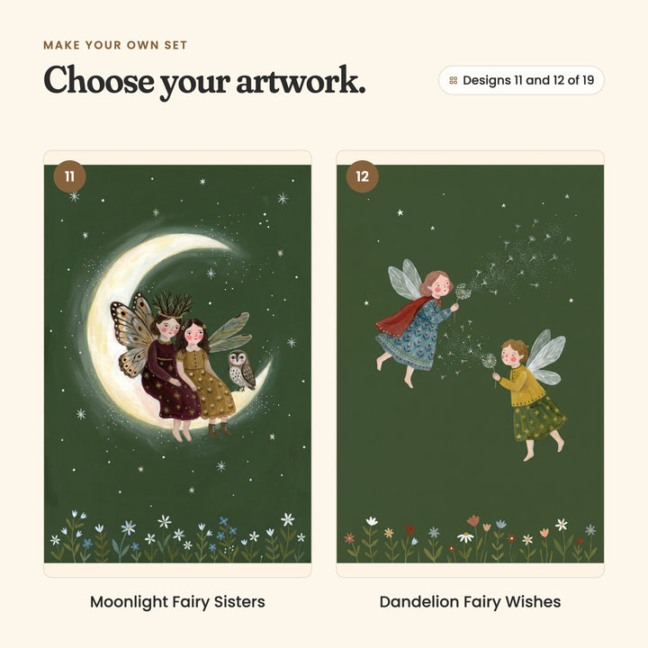 Designs 11 and 12 of 19: Moonlight Fairy Sisters, two fairies sitting on a glowing crescent moon with an owl, and Dandelion Fairy Wishes, two fairies blowing dandelion seeds into the night