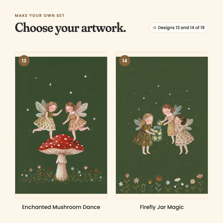Designs 13 and 14 of 19: Enchanted Mushroom Dance, two fairies dancing on top of a red spotted mushroom, and Firefly Jar Magic, three fairies with a jar of glowing fireflies