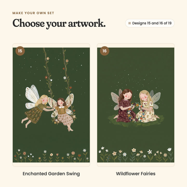 Designs 15 and 16 of 19: Enchanted Garden Swing, a fairy pushing a friend on a swing wrapped in flowering vines, and Wildflower Fairies, two fairies making a wildflower crown on a patch of moss