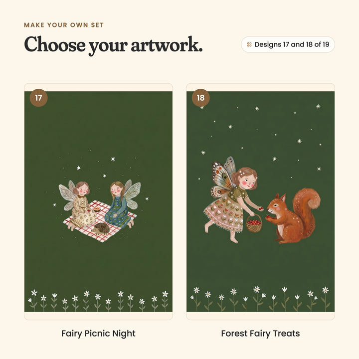Designs 17 and 18 of 19: Fairy Picnic Night, two fairies picnicking on a red gingham blanket with a hedgehog, and Forest Fairy Treats, a fairy handing berries from a basket to a red squirrel