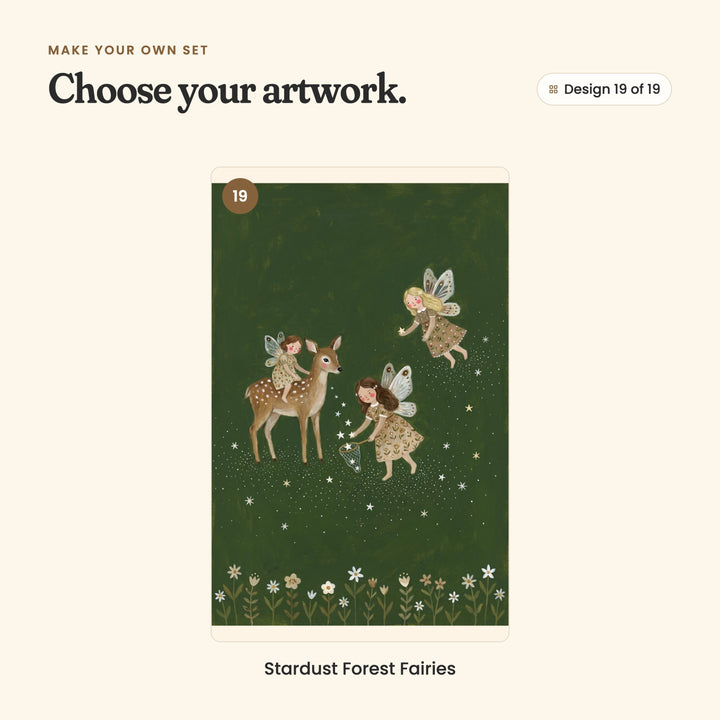 Design 19 of 19: Stardust Forest Fairies, a fairy riding a fawn while one fairy catches falling stardust in a net and another reaches for a star