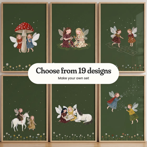 Six fairy prints in light wood frames in two rows: two fairies giggling behind a red spotted mushroom, two making a wildflower crown, two playing hopscotch, a fairy riding a white unicorn beside a friend, two reading a book beside a resting unicorn and two blowing dandelion seeds, with a label reading Choose from 19 designs, Make your own set
