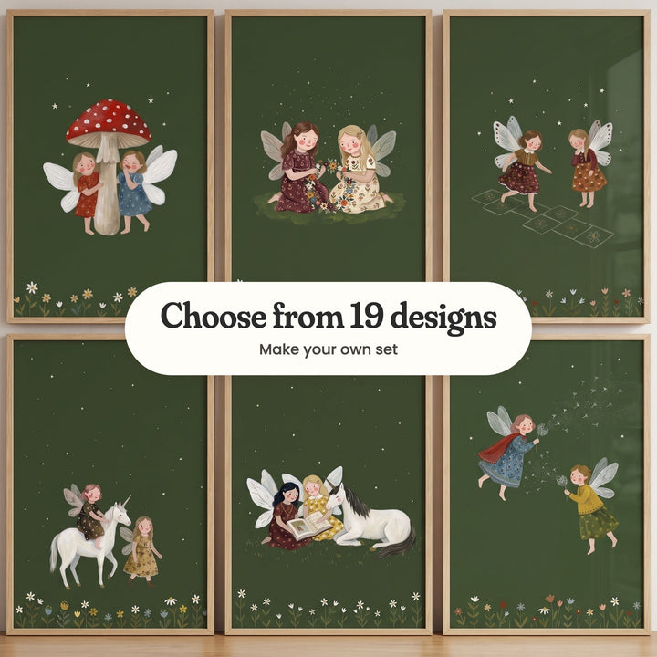 Six fairy prints in light wood frames in two rows: two fairies giggling behind a red spotted mushroom, two making a wildflower crown, two playing hopscotch, a fairy riding a white unicorn beside a friend, two reading a book beside a resting unicorn and two blowing dandelion seeds, with a label reading Choose from 19 designs, Make your own set