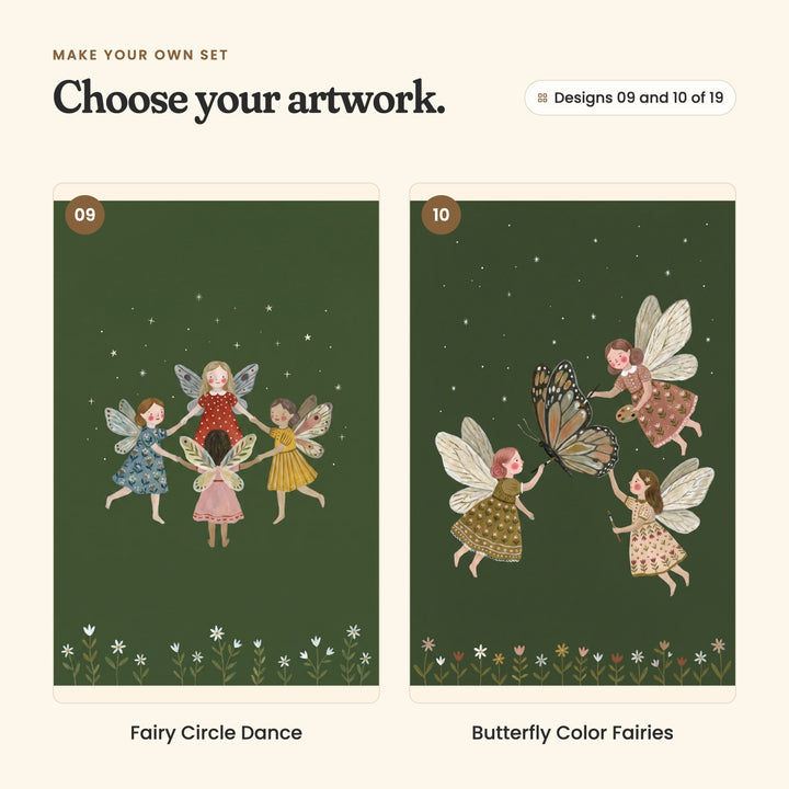 Designs 09 and 10 of 19: Fairy Circle Dance, four fairies holding hands and dancing in a ring, and Butterfly Color Fairies, three fairies with brushes and a palette coloring the wings of a big butterfly