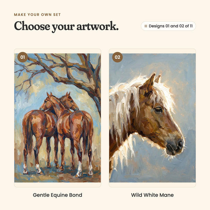 Designs 01 and 02 of 11: Gentle Equine Bond, two chestnut horses nuzzling under a bare tree, and Wild White Mane, a chestnut horse with a pale flowing mane in profile