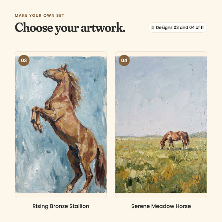 Designs 03 and 04 of 11: Rising Bronze Stallion, a golden brown horse rearing up on a sky blue background, and Serene Meadow Horse, a horse grazing in a wide green meadow