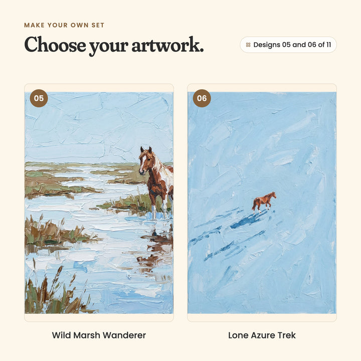 Designs 05 and 06 of 11: Wild Marsh Wanderer, a pinto horse standing in a blue marsh among reeds, and Lone Azure Trek, a small chestnut horse crossing a wide sky blue field