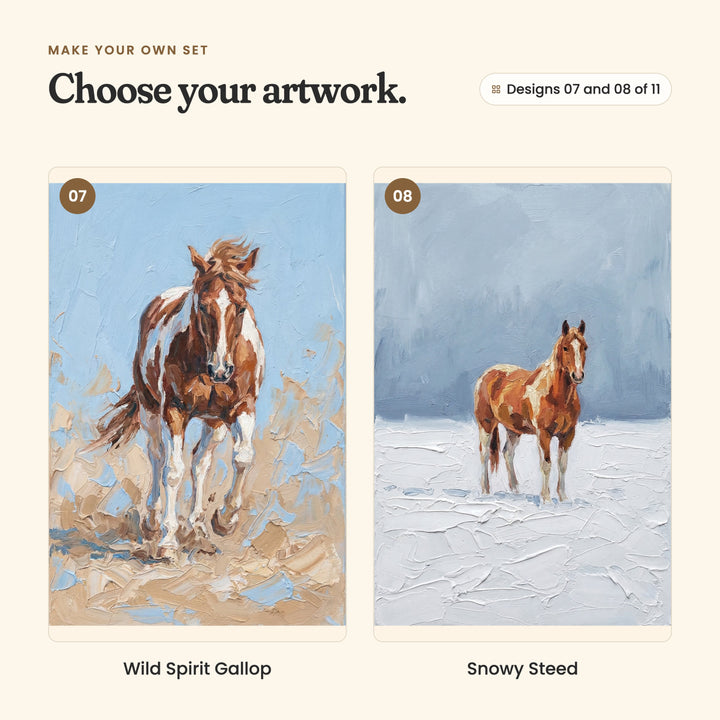 Designs 07 and 08 of 11: Wild Spirit Gallop, a pinto horse trotting straight forward through sandy ground, and Snowy Steed, a chestnut and white horse standing in snow
