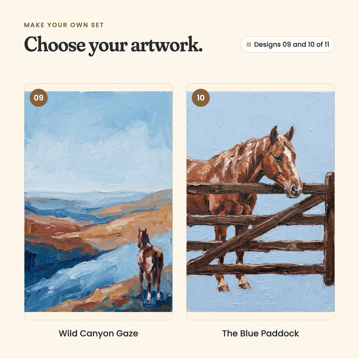 Designs 09 and 10 of 11: Wild Canyon Gaze, a pinto horse looking out over blue and rust hills, and The Blue Paddock, a chestnut horse leaning over a wooden paddock fence