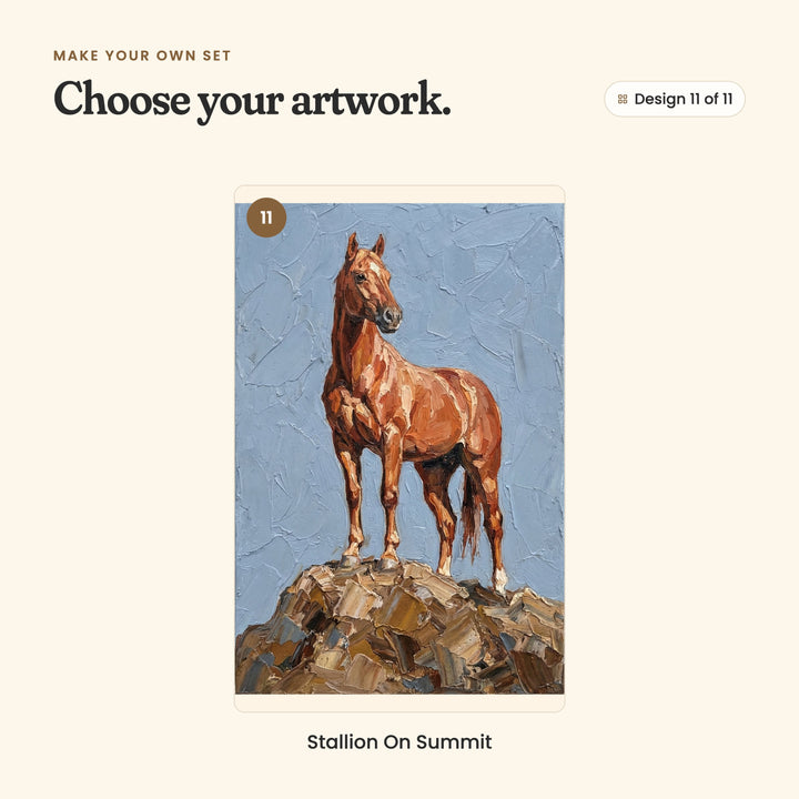 Design 11 of 11: Stallion On Summit, a chestnut horse standing tall on a rocky peak