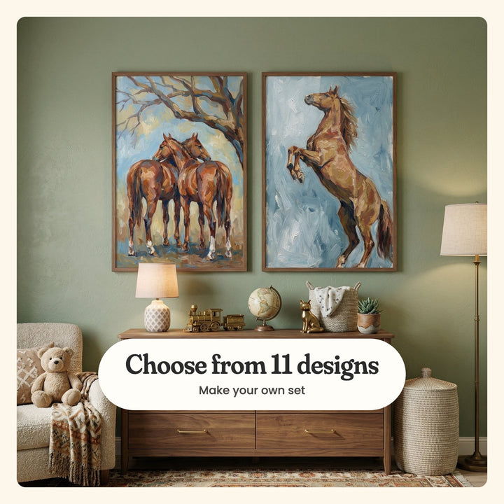Kids' room with two horse prints in dark wood frames on a sage green wall above a walnut console with a lamp, a toy train and a globe, beside an armchair with a teddy bear: two chestnut horses nuzzling under a bare tree and a horse rearing up, labeled Choose from 11 designs, Make your own set