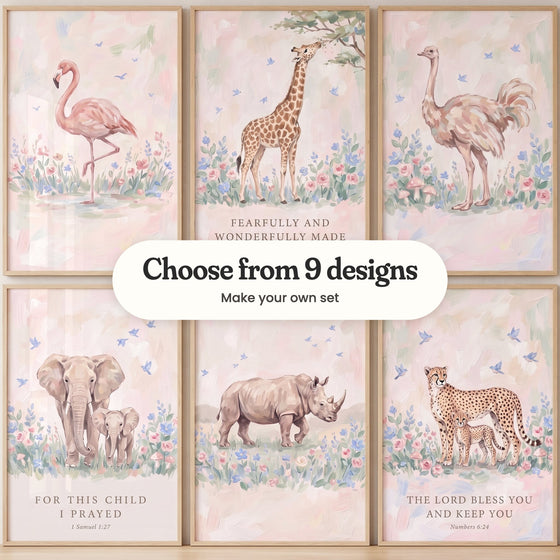 Six bluebird safari prints in light wood frames in two rows: a flamingo standing on one leg, a giraffe nibbling acacia leaves with the verse Fearfully and wonderfully made, an ostrich, a mother and baby elephant with the verse For this child I prayed, a rhino and a mother cheetah with her cub and a Bible verse, with a label reading Choose from 9 designs, Make your own set