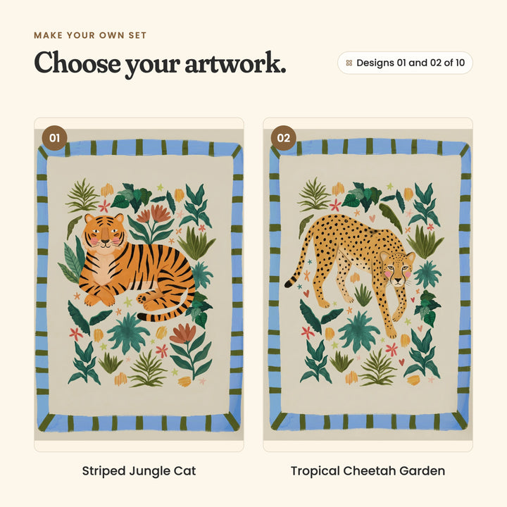 Designs 01 and 02 of 10: Striped Jungle Cat, an orange tiger lying among tropical leaves and flowers inside a blue-and-green striped border, and Tropical Cheetah Garden, a spotted cheetah prowling among leaves