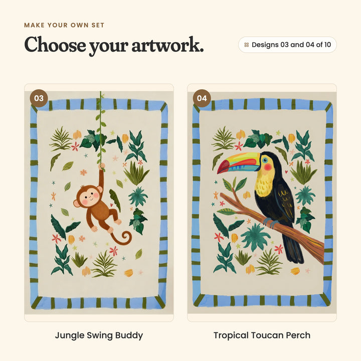 Designs 03 and 04 of 10: Jungle Swing Buddy, a little brown monkey swinging on a vine, and Tropical Toucan Perch, a black toucan with a rainbow beak on a branch
