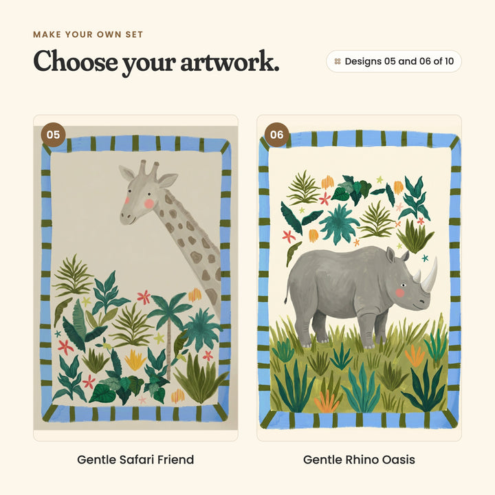 Designs 05 and 06 of 10: Gentle Safari Friend, a grey-spotted giraffe peeking over tropical plants, and Gentle Rhino Oasis, a grey rhino standing in green grass