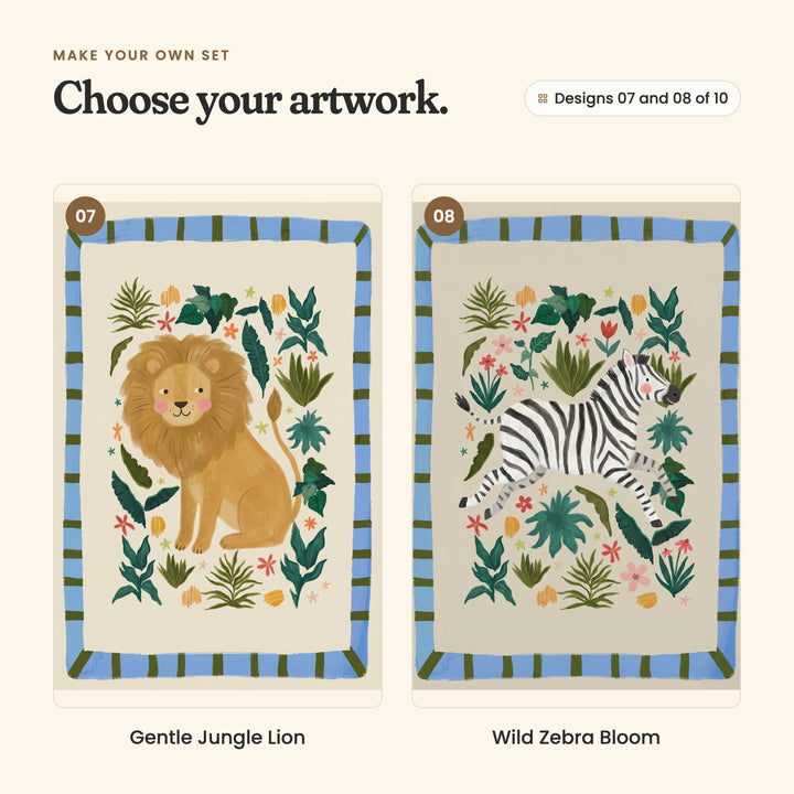 Designs 07 and 08 of 10: Gentle Jungle Lion, a golden lion sitting among leaves, and Wild Zebra Bloom, a zebra leaping among leaves and pink flowers