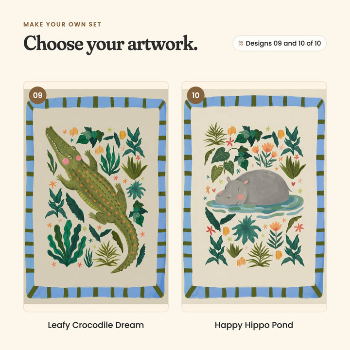 Designs 09 and 10 of 10: Leafy Crocodile Dream, a green crocodile with pink cheeks and orange star spots, and Happy Hippo Pond, a grey hippo resting in a little pond among flowers