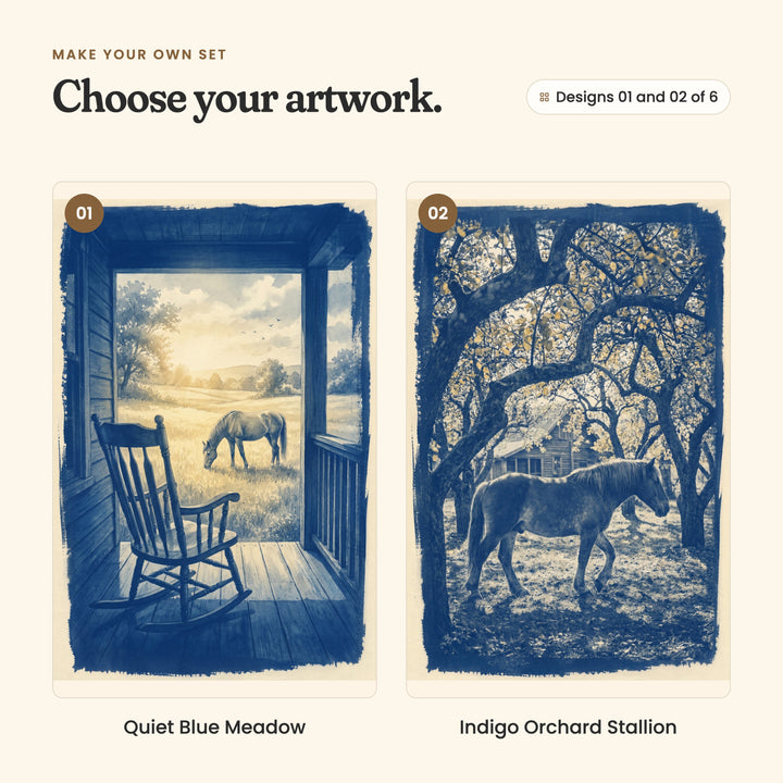 Designs 01 and 02 of 6: Quiet Blue Meadow, a rocking chair on a porch looking out at a horse grazing in a sunny field, and Indigo Orchard Stallion, a horse walking under twisting orchard trees