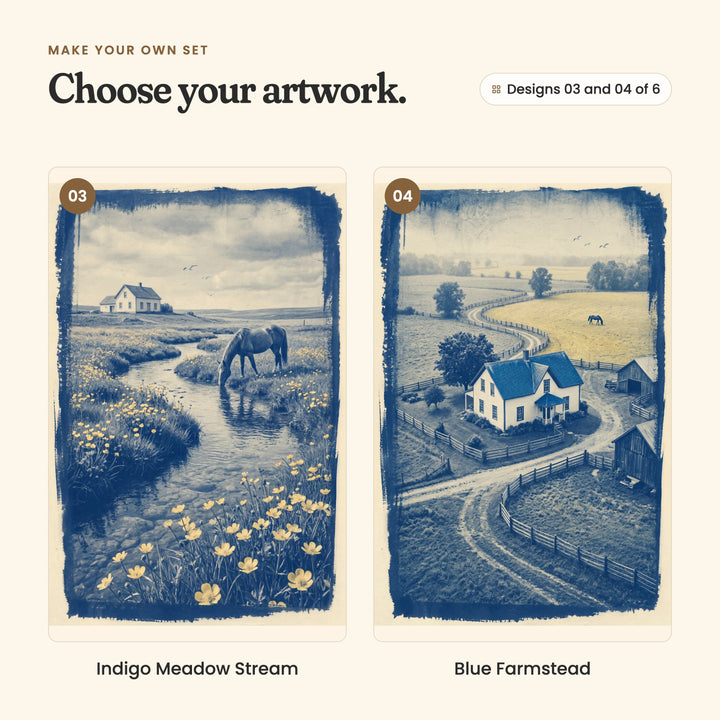 Designs 03 and 04 of 6: Indigo Meadow Stream, a horse drinking from a winding stream lined with yellow flowers, and Blue Farmstead, a white farmhouse with a blue roof seen from above, a winding lane and a horse in a far field