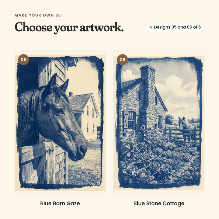 Designs 05 and 06 of 6: Blue Barn Gaze, a dark horse leaning out of a barn door beside a white farmhouse, and Blue Stone Cottage, a stone cottage with a vegetable garden of big cabbages and a few sunflowers and a horse looking over the fence