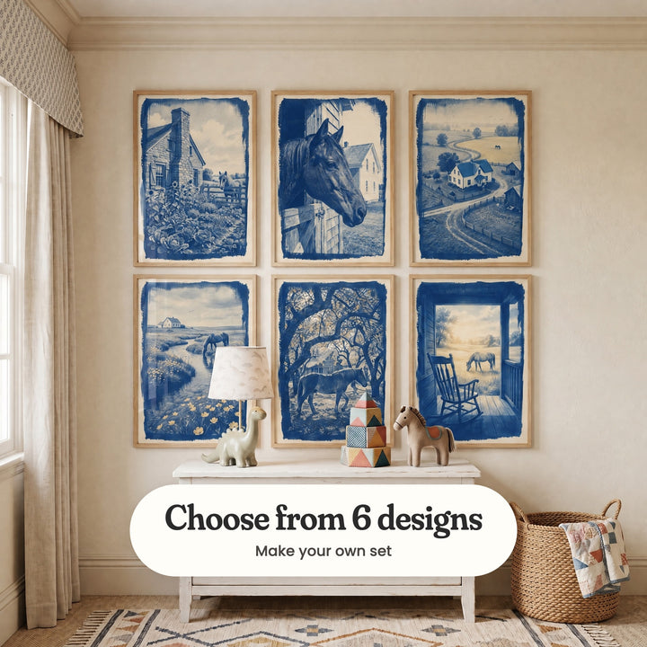 Cream kids' room with six blue farm prints in light wood frames in two rows above a white bench with a dinosaur lamp, stacking blocks and a plush horse, beside a woven basket with a patchwork quilt: Blue Stone Cottage, Blue Barn Gaze, Blue Farmstead, Indigo Meadow Stream, Indigo Orchard Stallion and Quiet Blue Meadow, with a label reading Choose from 6 designs, Make your own set
