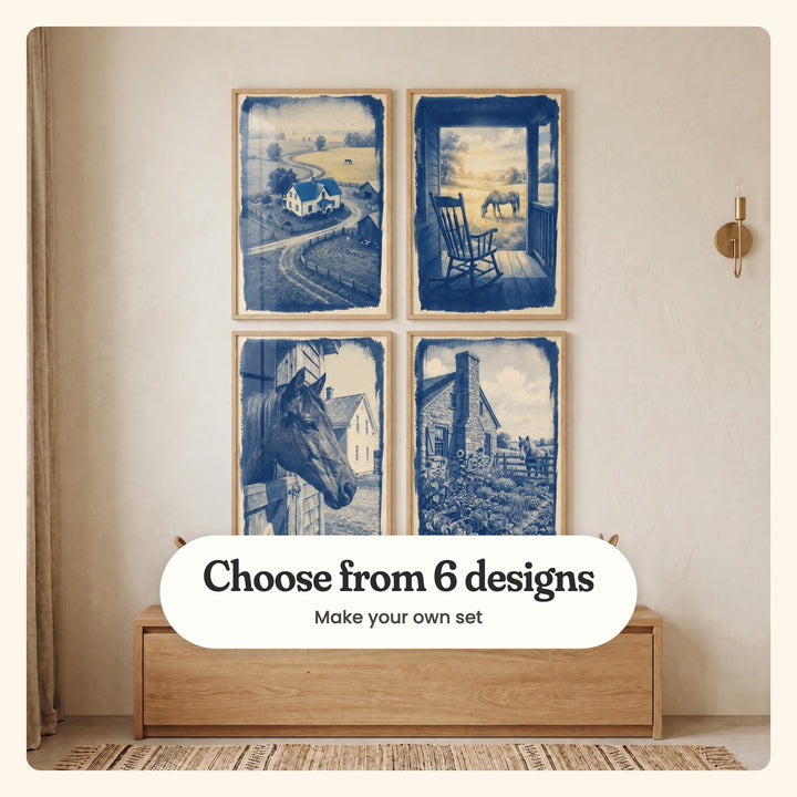 Cream wall with four blue farm prints in light wood frames in two rows above a light wood storage bench, beside a brass wall lamp: Blue Farmstead, Quiet Blue Meadow, Blue Barn Gaze and Blue Stone Cottage, labeled Choose from 6 designs, Make your own set