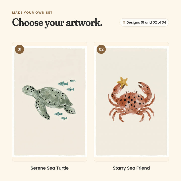Designs 01 and 02 of 34: Serene Sea Turtle, a green sea turtle swimming with small teal fish, and Starry Sea Friend, a rust crab holding up a gold starfish