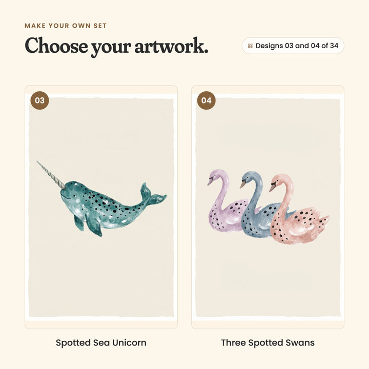 Designs 03 and 04 of 34: Spotted Sea Unicorn, a teal narwhal, and Three Spotted Swans, three swans in lilac, grey-blue and blush