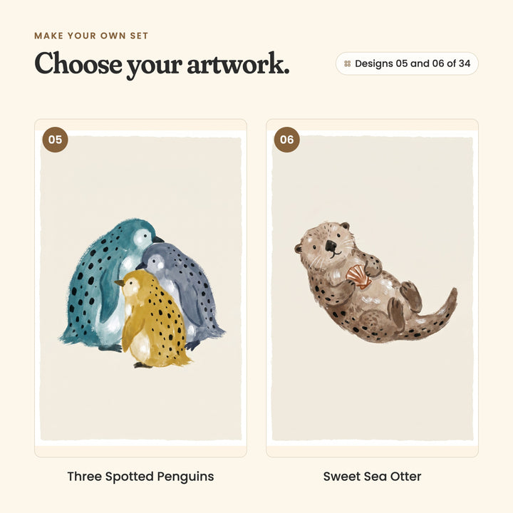 Designs 05 and 06 of 34: Three Spotted Penguins, three penguins huddled together in teal, grey-blue and mustard, and Sweet Sea Otter, a brown sea otter floating on its back holding a shell