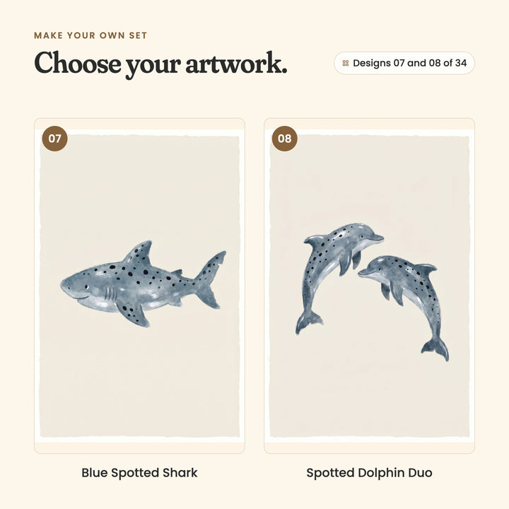 Designs 07 and 08 of 34: Blue Spotted Shark, a smiling grey-blue shark, and Spotted Dolphin Duo, two grey-blue dolphins leaping