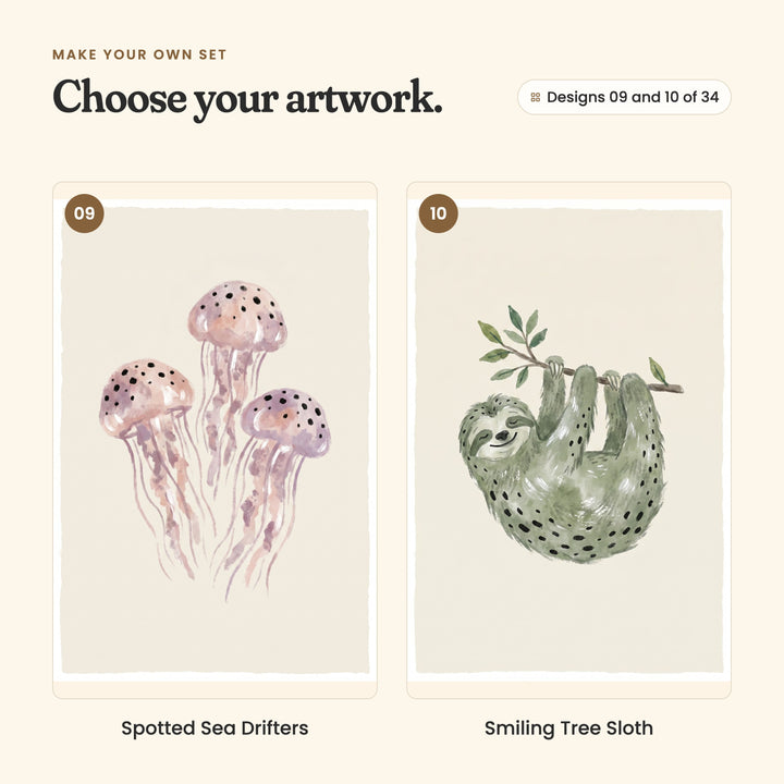 Designs 09 and 10 of 34: Spotted Sea Drifters, three lilac jellyfish, and Smiling Tree Sloth, a sage sloth hanging from a leafy branch