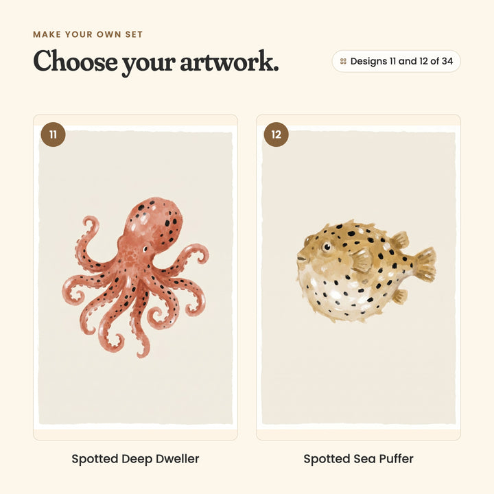 Designs 11 and 12 of 34: Spotted Deep Dweller, a rust octopus, and Spotted Sea Puffer, a mustard pufferfish