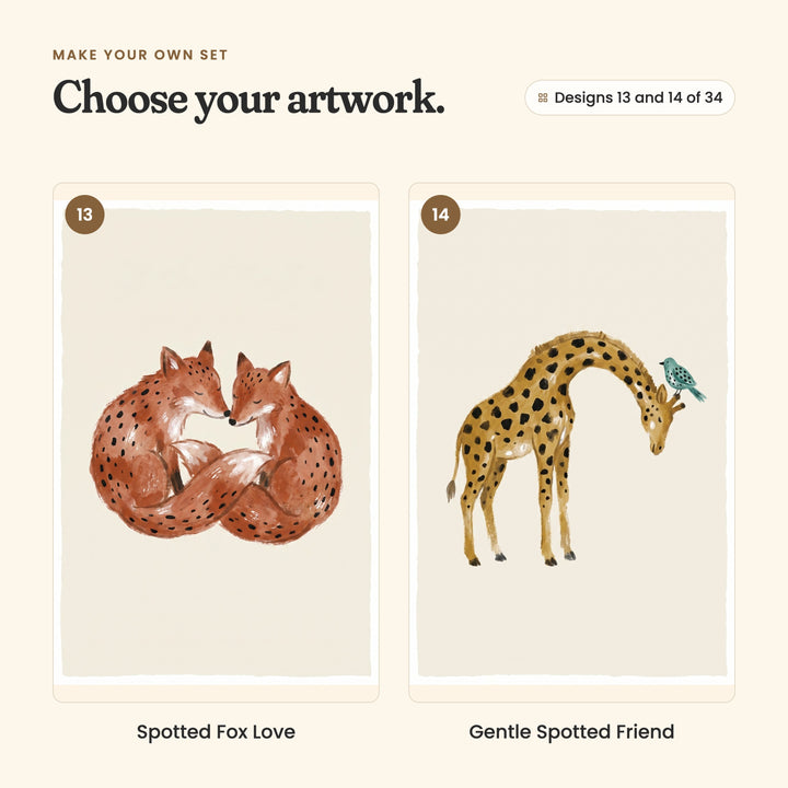 Designs 13 and 14 of 34: Spotted Fox Love, two rust foxes curled up together, and Gentle Spotted Friend, a mustard giraffe bending its head down with a little teal bird sitting on top