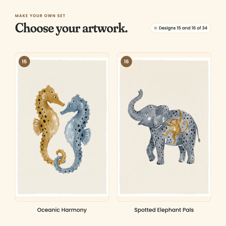 Designs 15 and 16 of 34: Oceanic Harmony, two seahorses in mustard and grey-blue, and Spotted Elephant Pals, a grey-blue elephant with a little monkey on its back