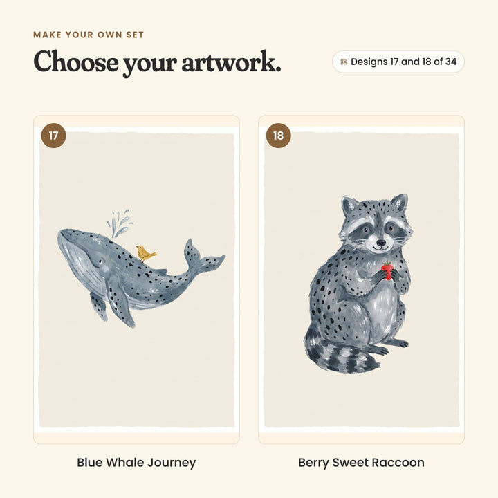 Designs 17 and 18 of 34: Blue Whale Journey, a grey-blue whale spouting with a little bird on its back, and Berry Sweet Raccoon, a grey raccoon holding a red berry