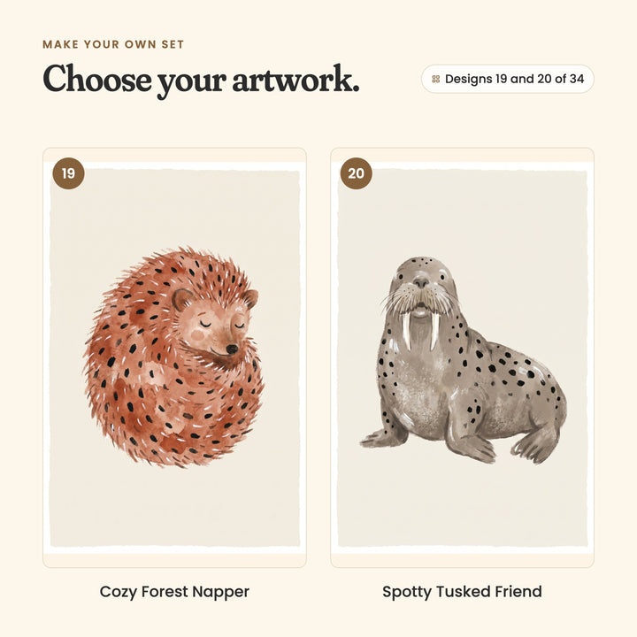 Designs 19 and 20 of 34: Cozy Forest Napper, a rust hedgehog curled up asleep, and Spotty Tusked Friend, a brown walrus