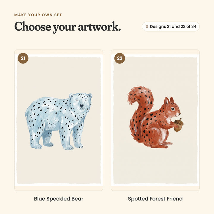 Designs 21 and 22 of 34: Blue Speckled Bear, a pale blue polar bear, and Spotted Forest Friend, a red squirrel holding an acorn
